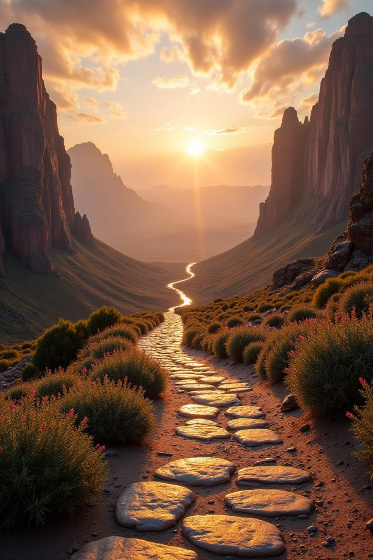 Eternal Path Illuminated by Golden Light Through Majestic Canyon