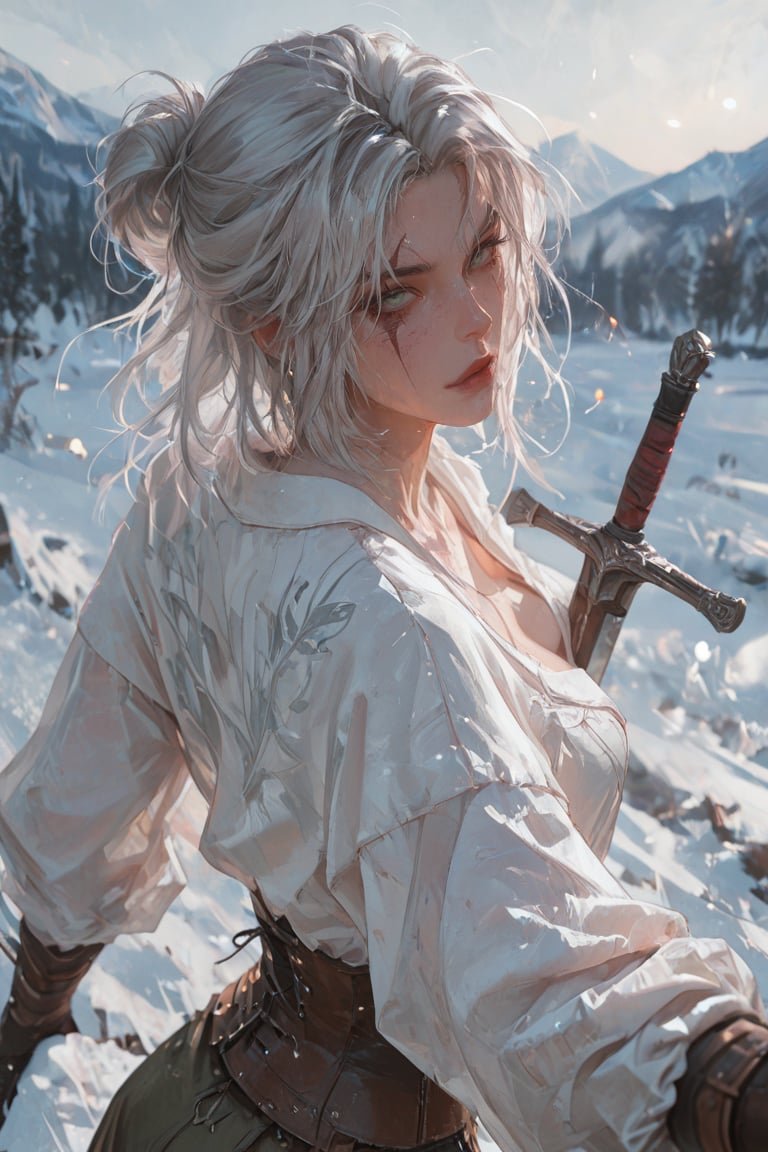 Fantasy Warrior Woman in Snowy Mountains Wields Fierce Elegance